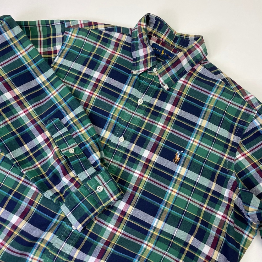 Ralph Lauren Classic Fit Plaid Button Down Shirt Mens Large Green Navy Oxford